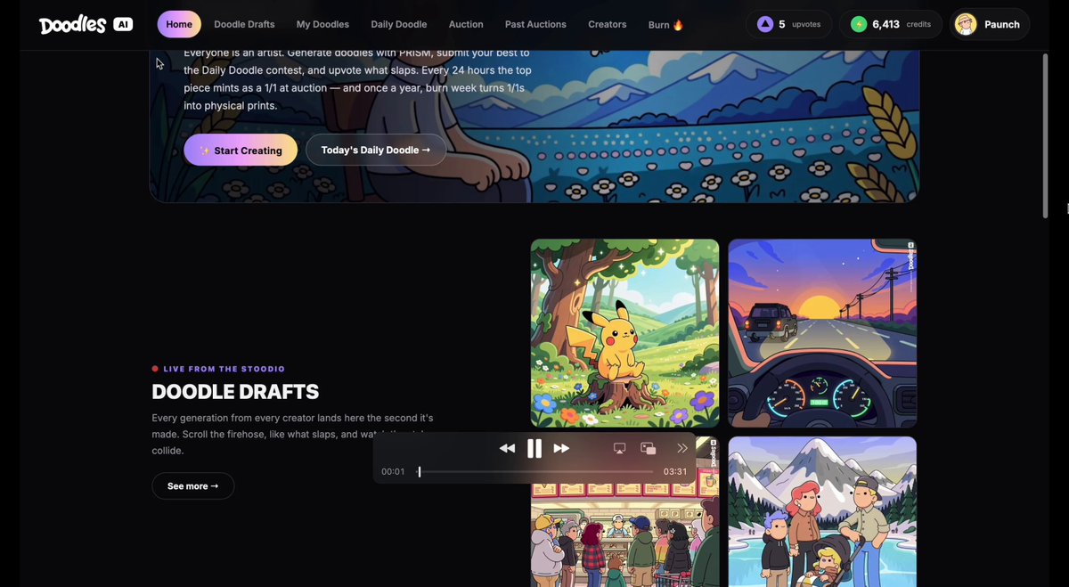 A screenshot of the Doodles AI website showcasing the "Doodle Drafts" section with a media player displaying various cartoon-style artwork including Pikachu, a sunset driving scene, a diner, and a family at a snowy lake, highlighting the platform's user-generated content feature as referenced in the prototype app shoutout.