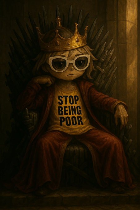 A child wearing a crown, oversized sunglasses, and a "STOP BEING POOR" t-shirt sits on a throne made of swords, parodying royal power imagery. The satirical depiction of "throne-sitting" wealth and dominance parallels the post's comparison of platform founders to presidents, with the crown symbolizing the elevated, almost monarchical status of $ALON over $TRUMP in the memecoin hierarchy.