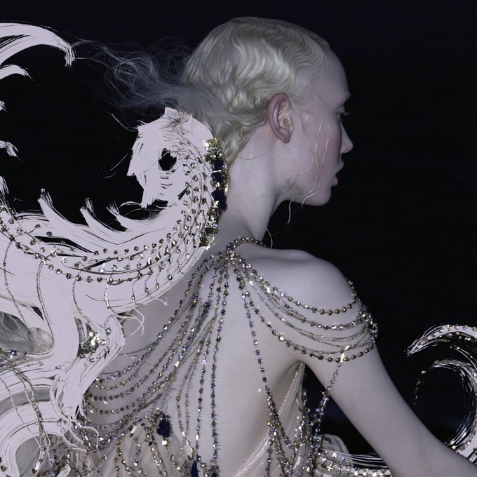 An artistic profile portrait of a pale, elf-like woman with braided blonde hair, wearing an elaborate jeweled garment with cascading crystal strands and feather-like wings.