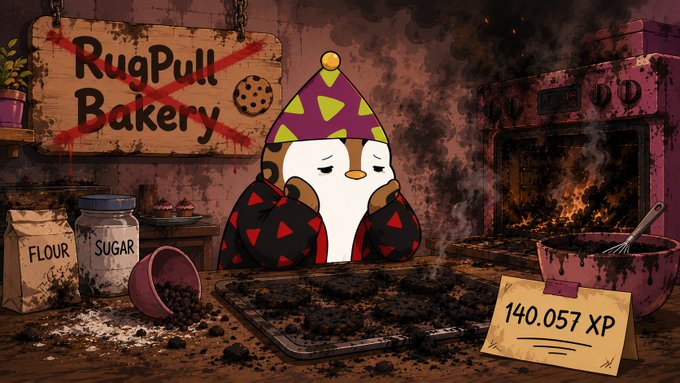 A cartoon illustration of a sad penguin wearing a party hat in a burnt, chaotic bakery labeled 'RugPull Bakery,' featuring flour, sugar bags, a charred tray, and a note showing '140.057 XP'.