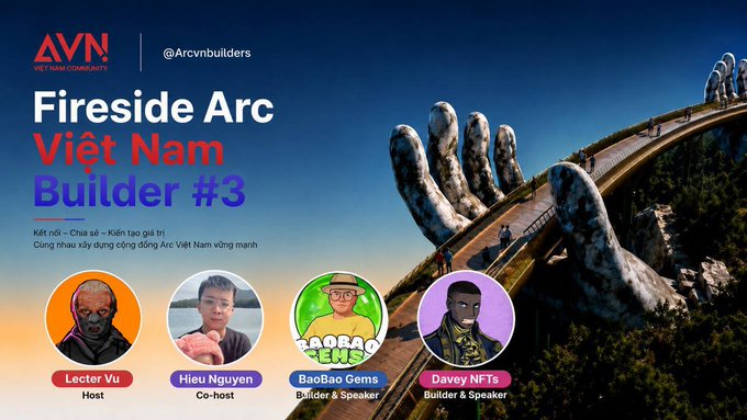 The image is a promotional banner for "Fireside Arc Việt Nam Builder #3" by @Arcvnbuilders, featuring four participants: Lecturer Vu (Host), Hieu Nguyen (Co-host), BaoBao Gems, and Davey NFTs (both Builders & Speakers), with the iconic Golden Bridge statue hands in the background. The banner advertises networking events for the Arc Vietnam community, aligning with the post's announcement of upcoming meetups in early July.