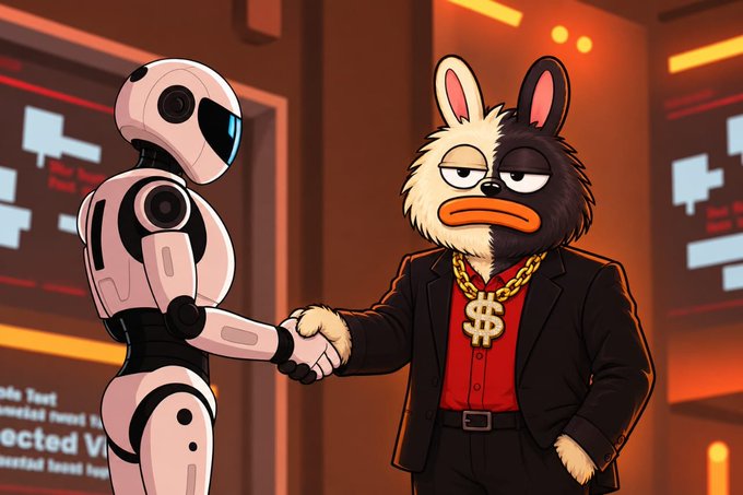 A cartoon-style illustration depicts a humanoid robot shaking hands with a furry character wearing a suit, red shirt, and a large gold dollar sign necklace against a glowing red background.