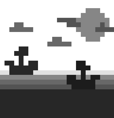 Minimalist pixel art scene in grayscale showing dark silhouetted trees or plants in the foreground with lighter gray clouds floating in a white sky.