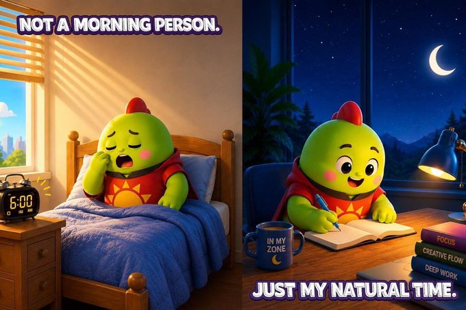 A two-panel meme featuring a green cartoon character: the left panel labeled "NOT A MORNING PERSON" shows the character yawning in bed at 6:00 AM with sunlight streaming in, while the right panel labeled "JUST MY NATURAL TIME" shows the same character happily writing at night under a crescent moon, with a mug reading "IN MY ZONE" and books titled "FOCUS," "CREATIVE FLOW," and "DEEP WORK."