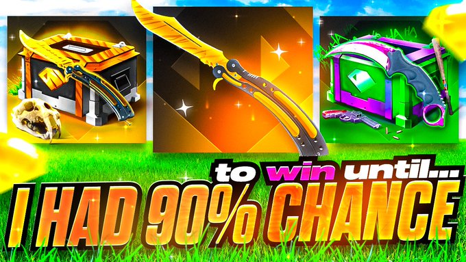 A colorful gaming graphic with the text "I HAD 90% CHANCE" and "to win until..." featuring golden knives and a skull on green grass.
