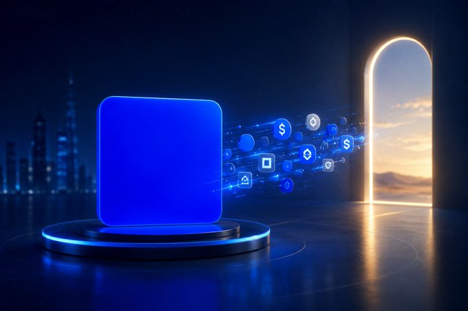 A glowing blue cube on a circular platform emits floating digital icons—including dollar signs and various app symbols—through an arched portal revealing a sunrise skyline, symbolizing the emergence of the new B20 token standard on the Base network. The image visually represents the flow of digital assets and innovation transitioning from a structured technological environment into a new dawn of possibilities.