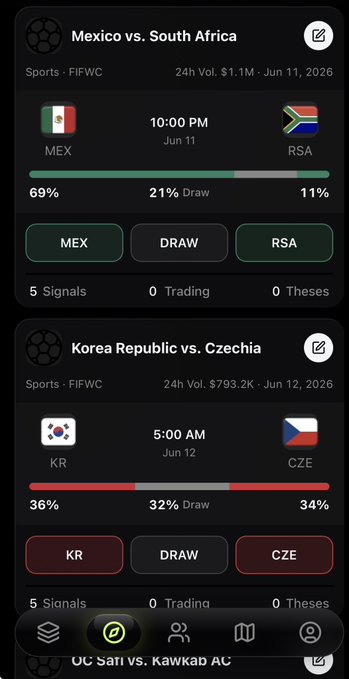 The image shows a smartphone screen with various sports information displayed such as the score for a match between Mexico and South Africa, and the ratings of different teams from around the world at specific times throughout the day. The phone screen also includes an app called @TradeOnsight that allows users to bet on upcoming sporting events and predict their outcomes. The post promotes the top prediction market, Gonna play around on @TradeOnsight app. Focus on the sports information and the post's context to understand its content better.