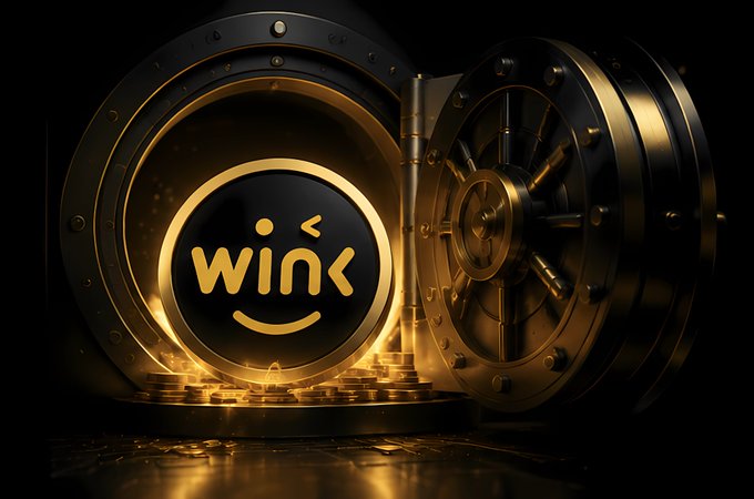 A digital illustration of an open golden vault revealing a black circle with the word "wink" written in gold letters below a winking face emoticon.
