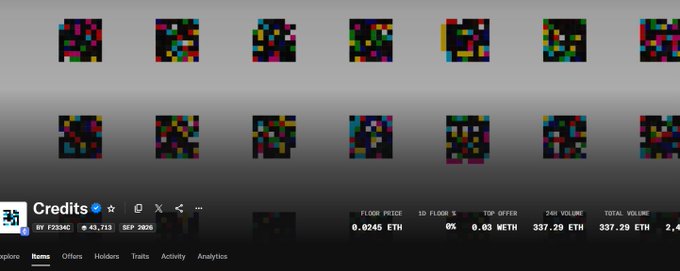 An OpenSea NFT listing page for a collection called 'Credits' by RP25MC, displaying a grid of pixelated avatar thumbnails with a floor price of 0.0246 ETH.