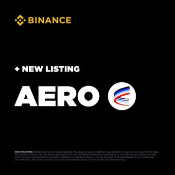 A Binance promotional graphic announcing 'NEW LISTING' for the token 'AERO' on a black background.