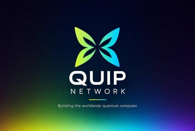 A dark background logo for 'QUIP NETWORK' with a stylized four-petal butterfly/flower icon in green and blue gradient, and the tagline 'Building the worldwide quantum computer.'