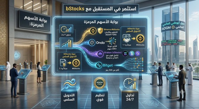 A digital rendering of a futuristic stock exchange display in Arabic, titled 'bStocks' showing a 'مرمرة الأسهم' (Marble of Stocks) dashboard with various investment options including Binance, Ondo, Kraken, and Bitget, with people in business attire viewing screens in the background.