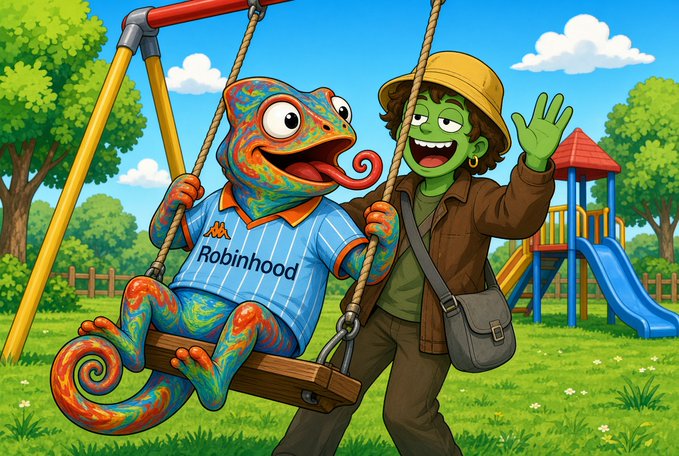 A cartoon illustration of a colorful chameleon wearing a 'Robinhood' shirt on a swing next to a green-skinned character in a park.