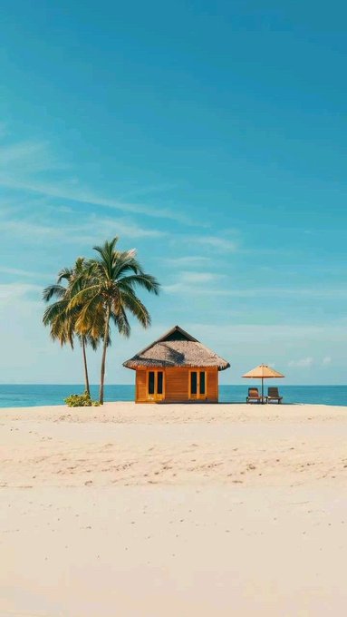 A tropical beach scene featuring a wooden hut with a thatched roof, palm trees, and a small umbrella with chairs on white sand beside the ocean under a clear blue sky.