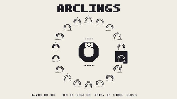Pixel art graphic for an "Arclings" NFT giveaway featuring a circular arrangement of small creatures around a central character, with text reading "6,283 ON ARC" and "MINT IN LAST ON INTS, THE CIRCLE CLOSES."