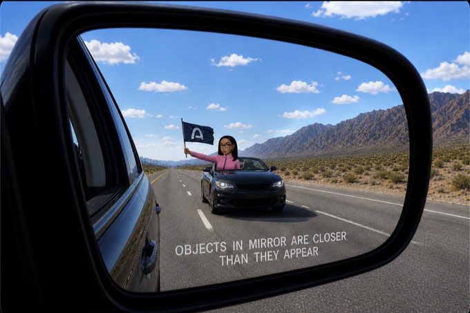 A side mirror shows a car behind with a person sticking out holding a flag with the letter 'A', with text reading 'OBJECTS IN MIRROR ARE CLOSER THAN THEY APPEAR'.