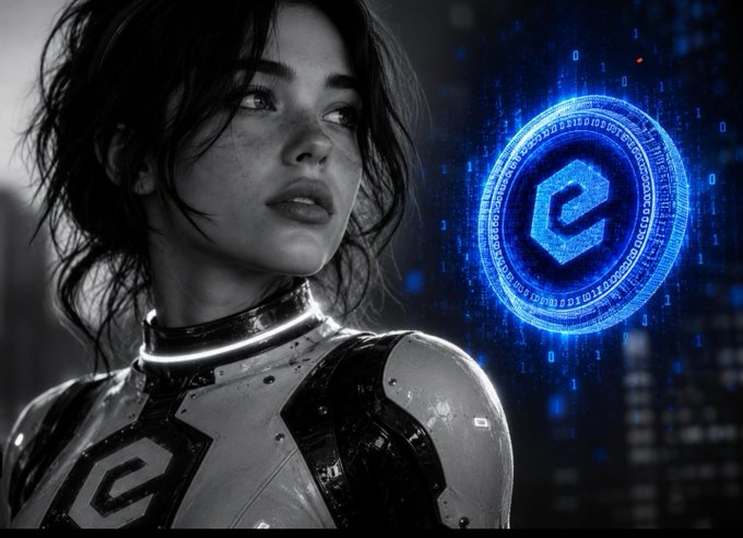 A cinematic image of a woman in futuristic metallic armor alongside a glowing blue digital 'e' logo symbol surrounded by binary code.