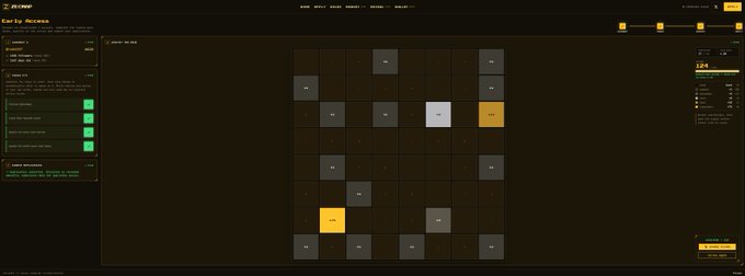Screenshot of a Z Arrow web application showing a strategy game interface with a grid-based board featuring white and yellow highlighted cells.