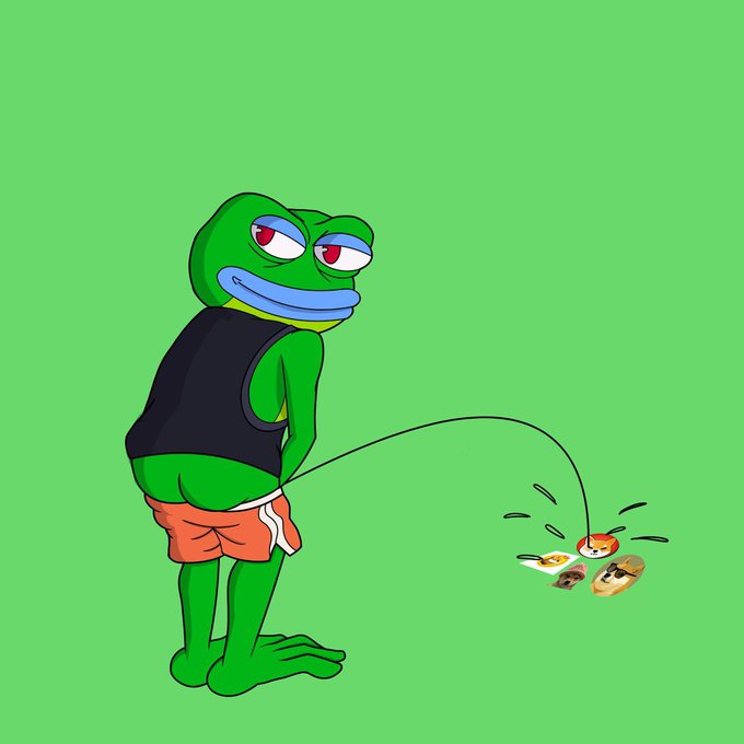 A cartoon illustration of a green Pepe the Frog character wearing a black shirt and orange shorts, urinating on a pile of NFTs.
