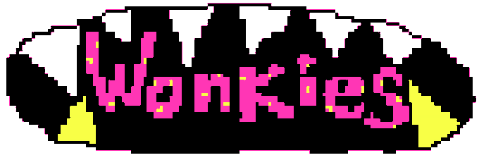 A pixelated banner-style image featuring the text "Wonkies" in bold pink block letters set against a black cloud-shaped background with yellow accent splashes on either side, promoting an on-chain pixel art NFT collection of 3,333 supply on ETH by @sweetoshieth.
