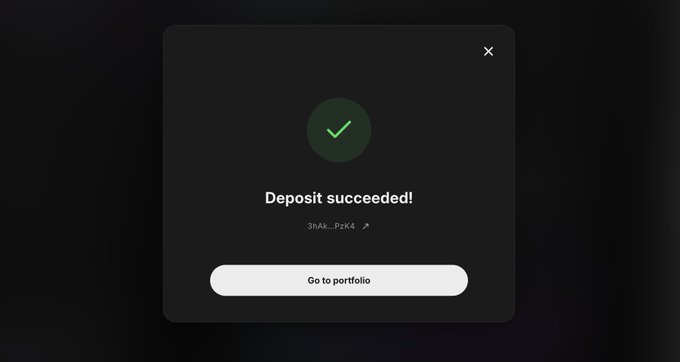 A dark UI modal showing a green checkmark with the text "Deposit succeeded! 3hAk...PzK4" and a "Go to portfolio" button.