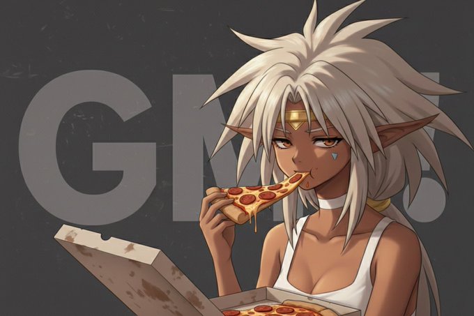 An anime-style elf-like character with spiky white hair, pointed ears, and a golden headband eating a slice of pepperoni pizza from a box, with large faded 'GM' text in the background.
