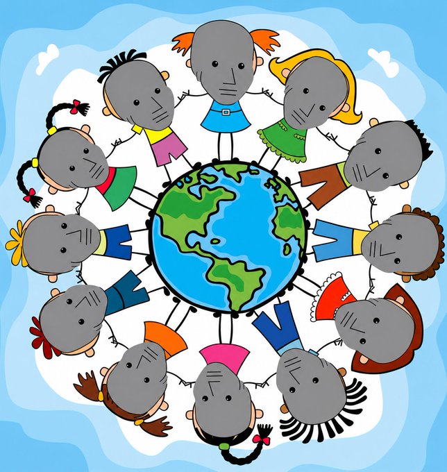 A cartoon illustration showing a diverse circle of children holding hands around the Earth against a blue sky background, symbolizing global unity.
