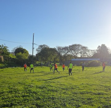A group of soccer players in colorful jerseys practice on a sunlit grassy field during golden hour, with trees and a small building visible in the background.