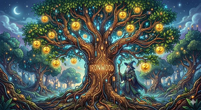 The image features a large tree with many branches, surrounded by trees that are lit up with lights. A person dressed as a wizard can be seen standing under the tree. The background of the image includes stars and clouds, creating an enchanting atmosphere. In the corner of the image, there is text that reads "Next Zcash Upgrade: Ironwood". This suggests that the image might be related to a post about upgrading to the next version of the cryptocurrency Zcash or possibly discussing the concept of Ironwood in relation to the digital currency.

The image also contains some numbers and letters scattered throughout it, which could potentially be part of a description or explanation for the tree's unique properties.