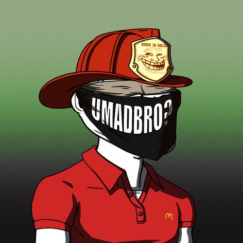 A stylized cartoon figure wears a red firefighter-style hat featuring a smiling badge reading "BURN IN HELL," a black face mask displaying "UMADBRO?", and a red polo shirt with a McDonald's logo. The image's provocative, trolling imagery ties directly to the "$TROLL" NFT collection's edgy branding as it tops the trending charts above Bored Apes and CryptoPunks.