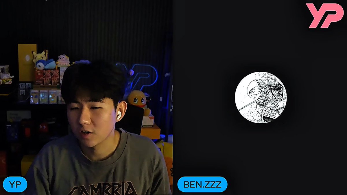 A split-screen video call featuring a young man in a grey shirt with Pokémon figures in the background labeled 'YP', and a circular profile image on the right labeled 'BEN.ZZZ' showing a black and white anime-style drawing.