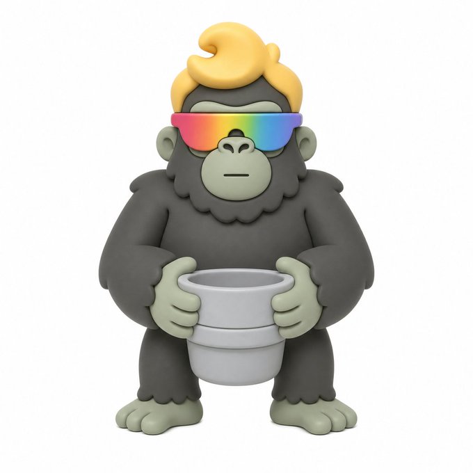 A 3D rendered cartoon gorilla character with blonde hair wearing rainbow gradient sunglasses, holding a silver pot or cup.