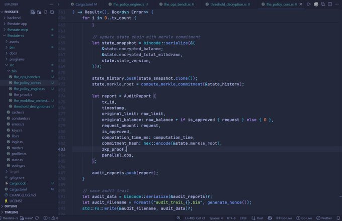 A Rust code snippet from the `fhe_ops.rs` file in the FHESTATE repository, showing the implementation of an `AuditReport` structure and state merkle commit logic that batches encrypted transaction results with their audit metadata. The accompanying post highlights this as foundational work for evolving state with cryptographic consistency in confidential transactions.