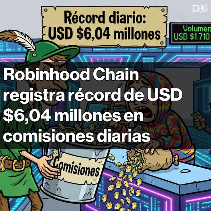 A cartoon illustration depicting a character dumping a bucket of coins labeled 'Comisiones' into a bag, with a sign reading 'Récord diario: USD $6,04 millones'. Text overlay: 'Robinhood Chain registra récord de USD $6,04 millones en comisiones diarias'.