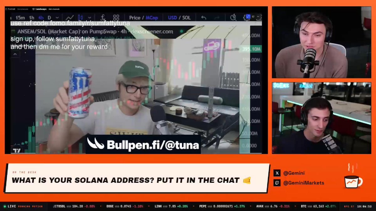 A livestream screenshot from Morning Motion featuring three participants in video panels, with the main feed showing a man holding a Monster energy can while discussing ANSEM/SOL on a Dexscreener chart (showing market cap around $95-110M). On-screen text promotes "Bullpen.fi/@tuna" with referral code "fomo.family/r/sumfattytuna," and a ticker bar displays crypto prices including JITOSOL ($194.20), DOGE ($0.0745), LINK ($7.85), PEPE, AVAX ($6.76), and BTC ($63,163), relating to the post about explaining the bullishness of $ANSEM.