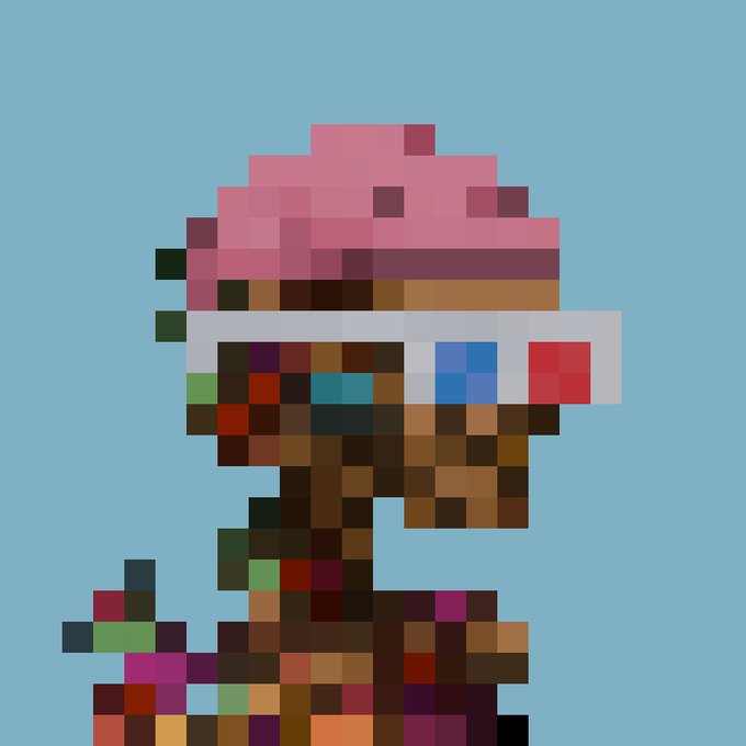 A pixel art image of a character with pink frosting and colorful sprinkles on a light blue background.