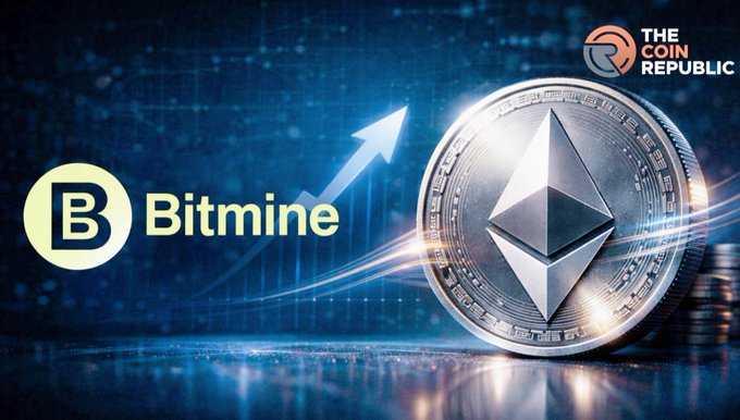A promotional graphic from 'The Coin Republic' featuring the 'Bitmine' logo next to a large silver Ethereum (ETH) coin with an upward-trending arrow against a blue background with digital grid patterns.
