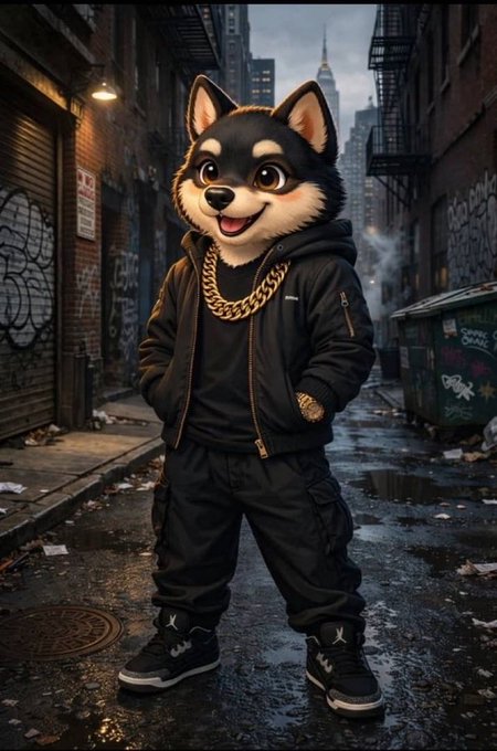 The image features a cartoon dog wearing black clothing, including a jacket and pants, standing on a city street with its arms crossed over its chest. The background of the image shows an alleyway filled with graffiti, giving the scene a somewhat urban feel. There is also a sign in the background that reads "$Manyu is built different". This suggests that the dog might be a character from a comic book or animated series, and the graffiti-filled alleyway could be a setting for one of these stories.

The image seems to be related to the post about the cartoon dog, as it features elements such as the dog's clothing, the urban environment, and possibly some references to the character $Manyu from another work.
