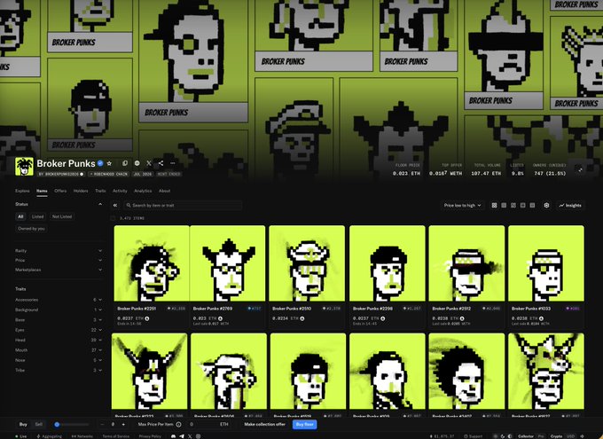 This image displays the "Broker Punks" NFT collection on a marketplace, featuring pixelated punk characters with a floor price of 0.023 ETH and total volume of 107.47 ETH. The post implies these "Broker Punks" are a potential "Stonks Czar" investment that offers an exit opportunity.