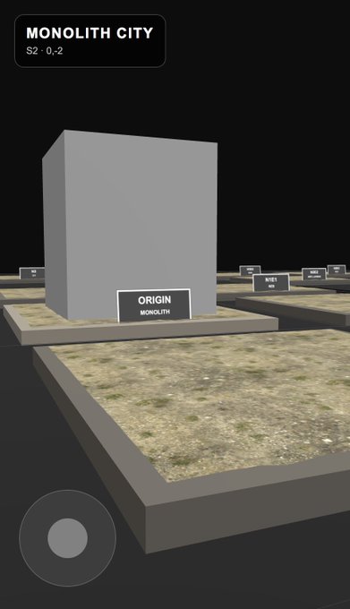 The image shows a grid of six early-stage renders of "MONOLITH CITY," featuring plots with textured terrain and the first gray building labeled "ORIGIN." A virtual joystick and timer overlay suggest an interactive 3D metaverse builder, visually capturing the foundational moment described in the post where the city begins to take shape.