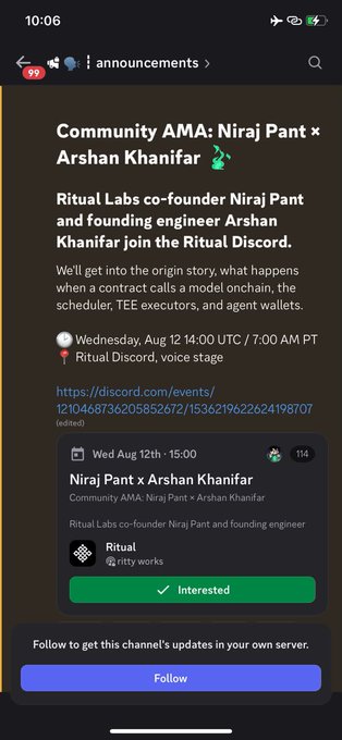 A Discord announcement for 'Community AMA: Niraj Pant x Arshan Khanifar' invites Ritual Labs co-founder Niraj Pant and founding engineer Arshan Khanifar to discuss onchain contract calls, model onchain, scheduler, TEE executors, and agent wallets on Wednesday Aug 12.