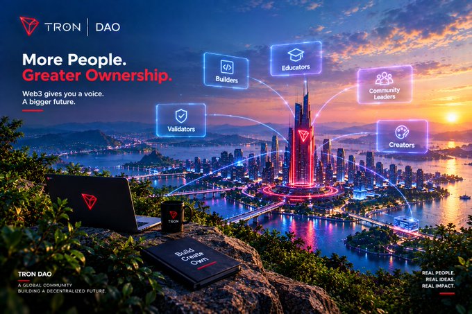 A TRON DAO promotional graphic with the tagline 'More People. Greater Ownership.' highlighting roles like Builders, Validators, Educators, Community Leaders, and Creators against a futuristic cityscape.