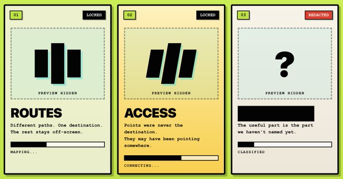 The image displays three card-style panels labeled "01 ROUTES," "02 ACCESS," and a redacted "03," each with "PREVIEW HIDDEN" text and progress bars at the bottom ("MAPPING...", "CONNECTING...", "CLASSIFIED"). The post mirrors this structure by teasing three unnamed components—mapped paths, prepared access, and an unnamed useful piece—matching the image's locked, in-progress, and redacted themes without revealing specific details.