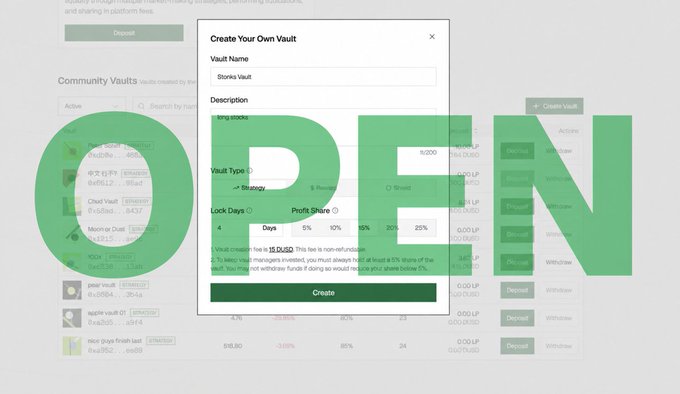 A screenshot showing a "Create Your Own Vault" interface for StandX Community Vaults, featuring options for vault name, description, lock days, and profit share percentage, with a $10,000 USD minimum deposit requirement and 25% profit share set in the demo. The image directly illustrates the StandX Community Vaults public launch mentioned in the post, displaying the vault creation setup process.
