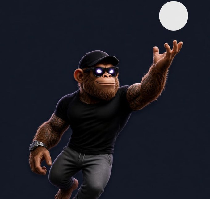 A 3D rendered ape character wearing a black t-shirt, grey pants, a black cap, and sunglasses reaches out toward a glowing white sphere against a dark background.