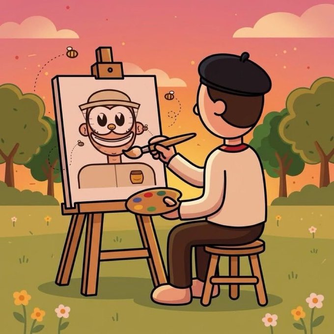 A cartoon illustration of an artist wearing a beret, sitting on a stool and painting a portrait of a smiling character on an easel, set in a colorful outdoor landscape with trees, flowers, and bees at sunset.
