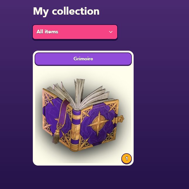 A digital collection screen with a purple background displaying a 'Grimoire' item card featuring an ornate purple and gold spellbook with a quantity of 1.