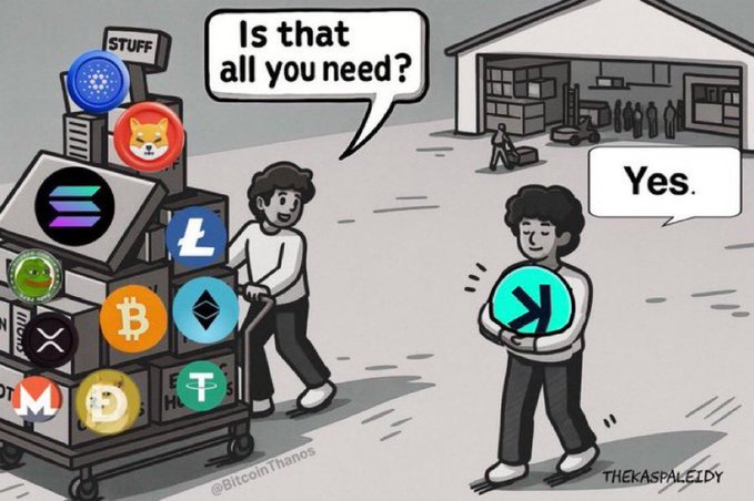 Cryptocurrency meme illustration showing one person pushing a cart full of various crypto tokens (Solana, Cardano, Shiba Inu, Bitcoin, Ethereum, XRP, etc.) asking 'Is that all you need?' while another person holds only the RUJIRA token and responds 'Yes.'
