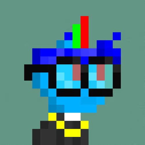 A pixel art character with a blue head, large black-framed glasses, and a colorful mohawk (green and red) is displayed on a teal background, appearing as a generative NFT artwork tied to a 0.075 ETH sale.