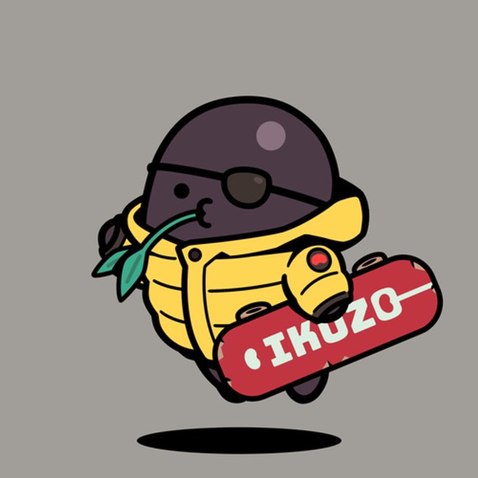 Cartoon character wearing a yellow puffer jacket and dark helmet with sunglasses, holding a skateboard with 'IKUZO' written on it in green and white text.